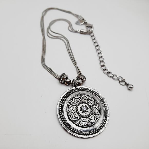 Chico’s Silver Tone Snake Chain Necklace w/ Large Pendant & Rhinestone Charms - Picture 6 of 10